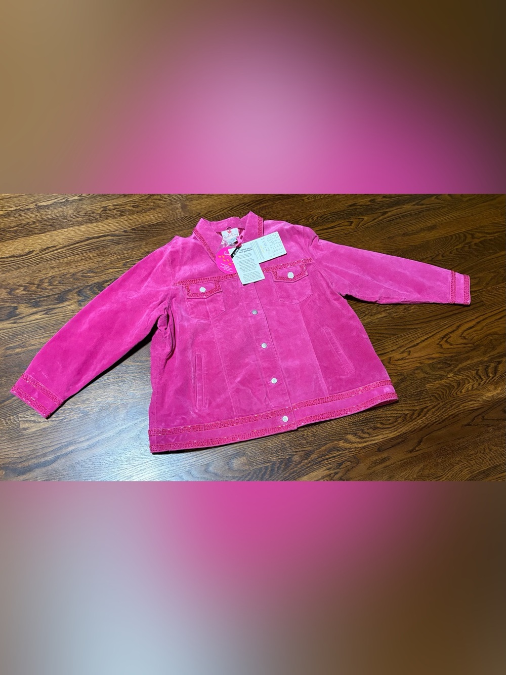 NWT Vintage Quacker Factory Genuine Suede Jacket Raspberry Pink Beaded Trim 2X